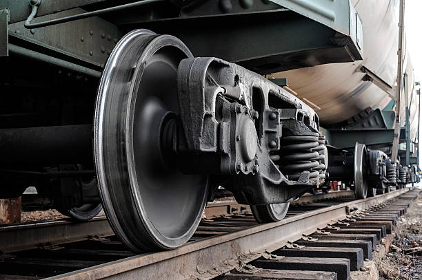 A closeup view of the wheels of a train
